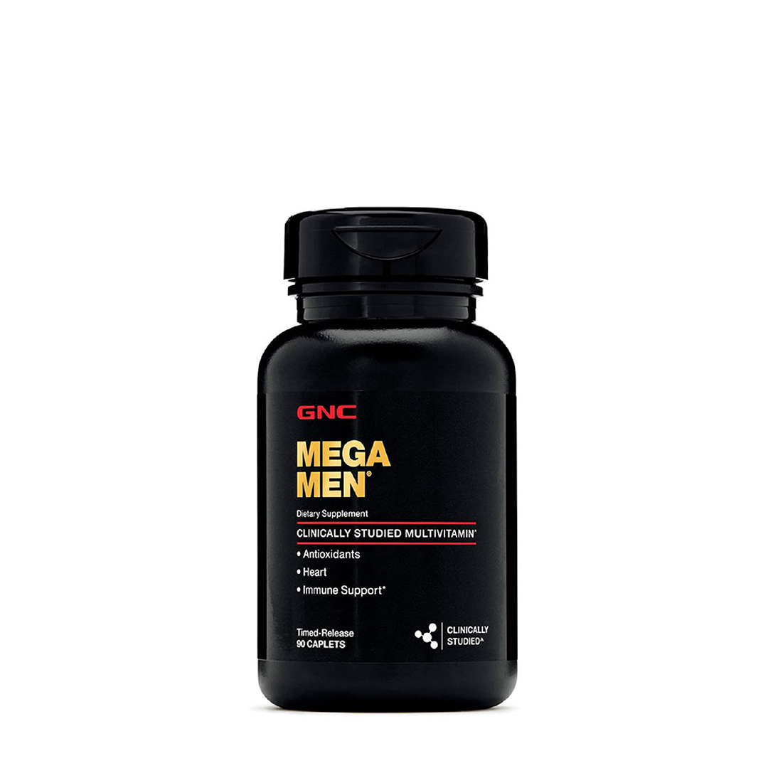 Frasco de GNC Mega Men de 90 caplets, multivitamínico avanzado con vitaminas de la A a la Z para potenciar la energía y rendimiento del hombre.